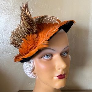 RARE 1930's FEDORA is COVERED IN ORANGE FEATHERS/BLACK VELOUR + PHEASANT WINGS